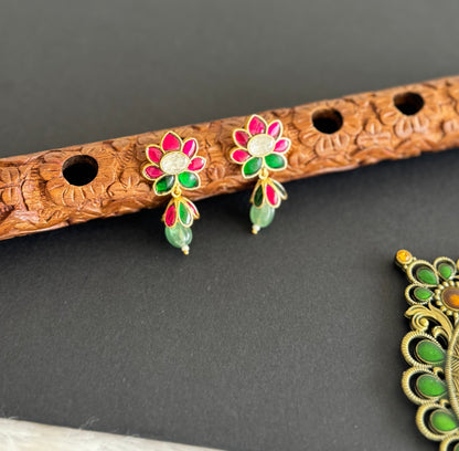 Gold tone pink-green-white kundan jadau lotus green beaded jhumkka dj-51503
