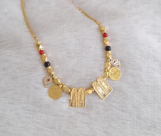 Gold tone 24 inches kodi chain with coral-black bead stone mango lakshmi coin sokkar meenakshimangalyam dj-50501