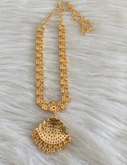 Gold tone south indian AD white-pink-green stone flower necklace dj-54922