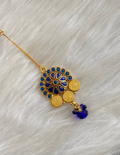Gold tone blue stone lakshmi coin tikka dj-54793