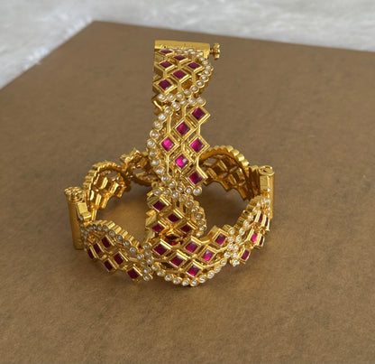 Gold tone pink-white kundan jadau screw type bangles(2.4) dj-51568