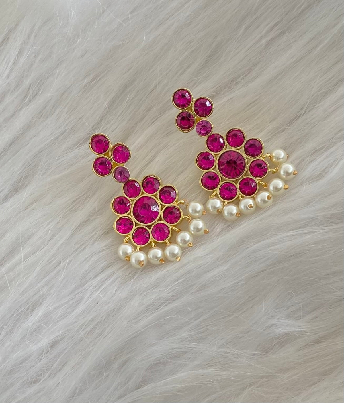 Gold tone AD balaji/rani pink stone pearl flower earrings dj-55134