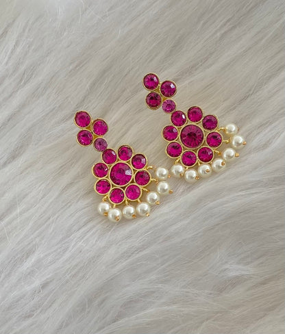 Gold tone AD balaji/rani pink stone pearl flower earrings dj-55134