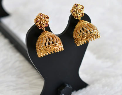 Antique gold tone cz ruby-white flower jhumkka dj-52164
