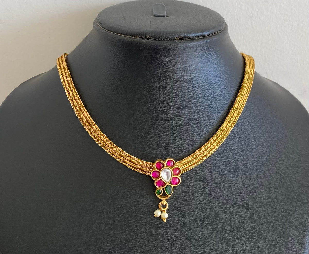 Matte finish pink-green-white kundan jadau flower choker/necklace dj-55084
