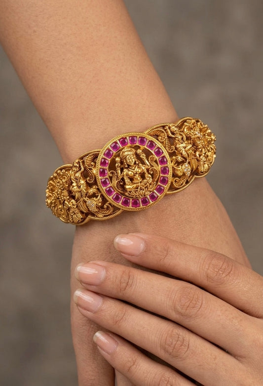 Antique gold tone kemp stone lakshmi openable kada/bracelet dj-54852