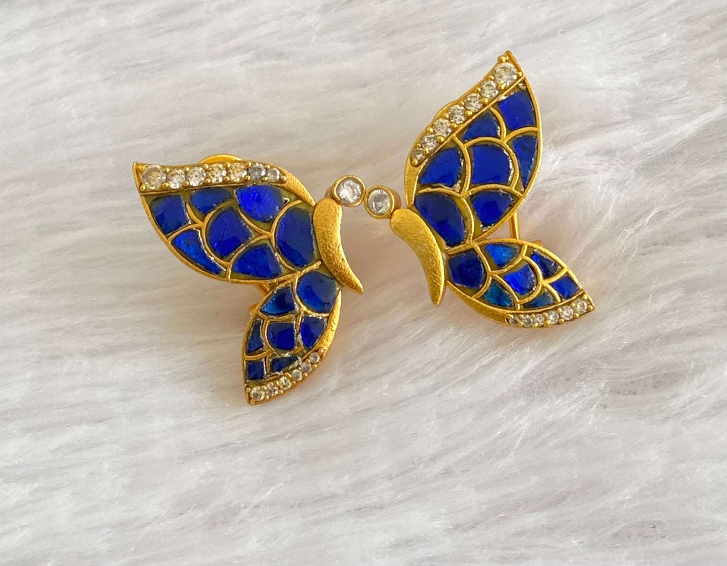 Gold tone blue-white kundan jadau butterfly earrings dj-53530