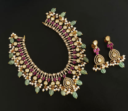 Antique gold tone cz white-ruby stone green beaded victorian necklace set dj-54438