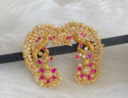 Gold tone pink-white kundan jadau big peacock khanpool earrings dj-54569