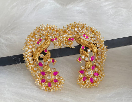 Gold tone pink-white kundan jadau big peacock khanpool earrings dj-54569