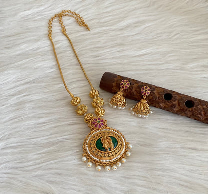 Antique gold tone lotus beaded chain with radha-krishna pendant set dj-55115
