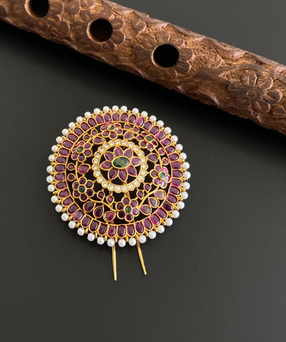 Antique gold tone pink-green-white pearl round hair jewel (rakodi) dj-53635