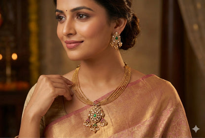 Antique gold tone pink-green kundan jadau kante necklace set dj-52423