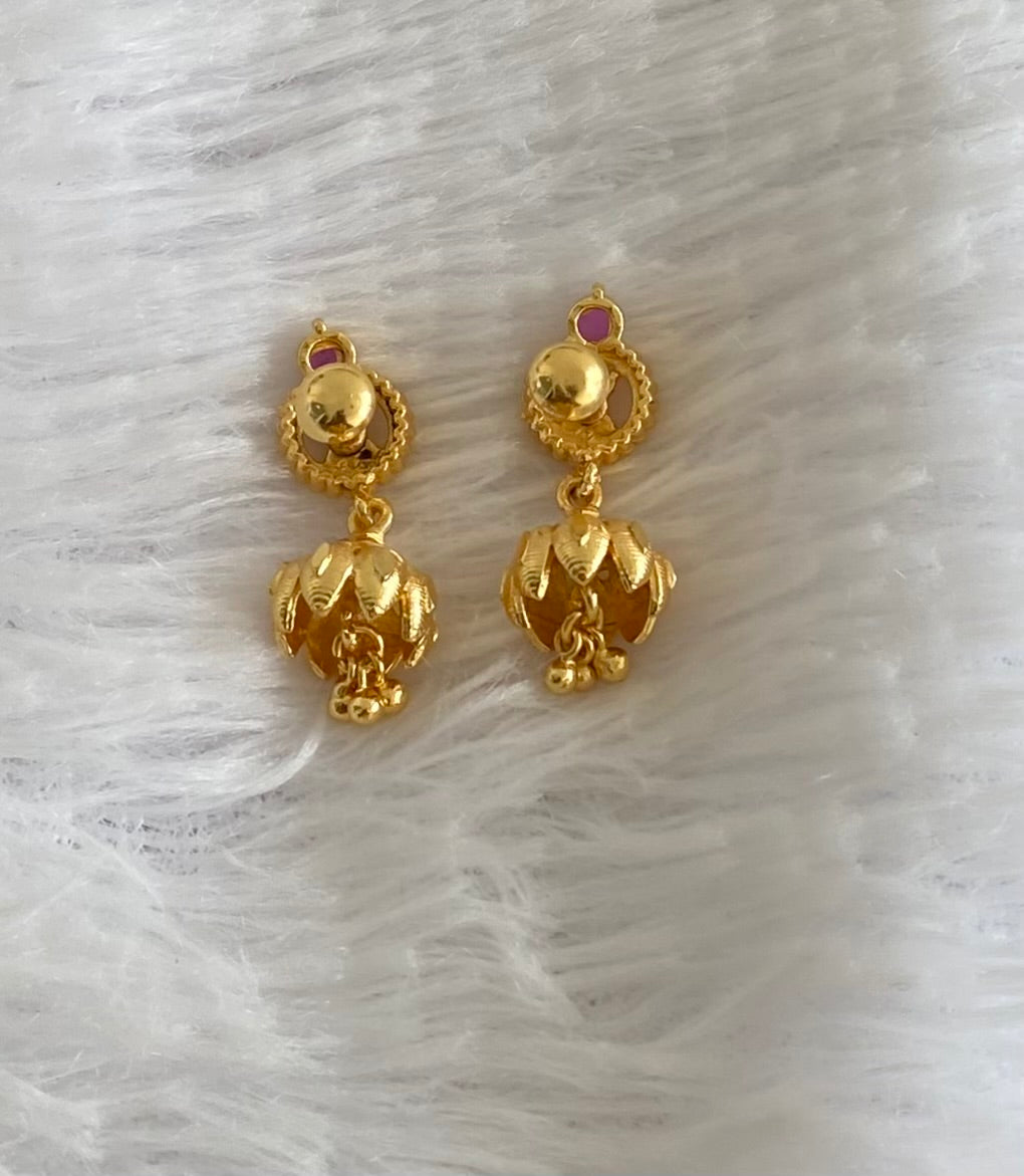 Gold tone pink stone small lakshmi lotus jhumkka dj-54404