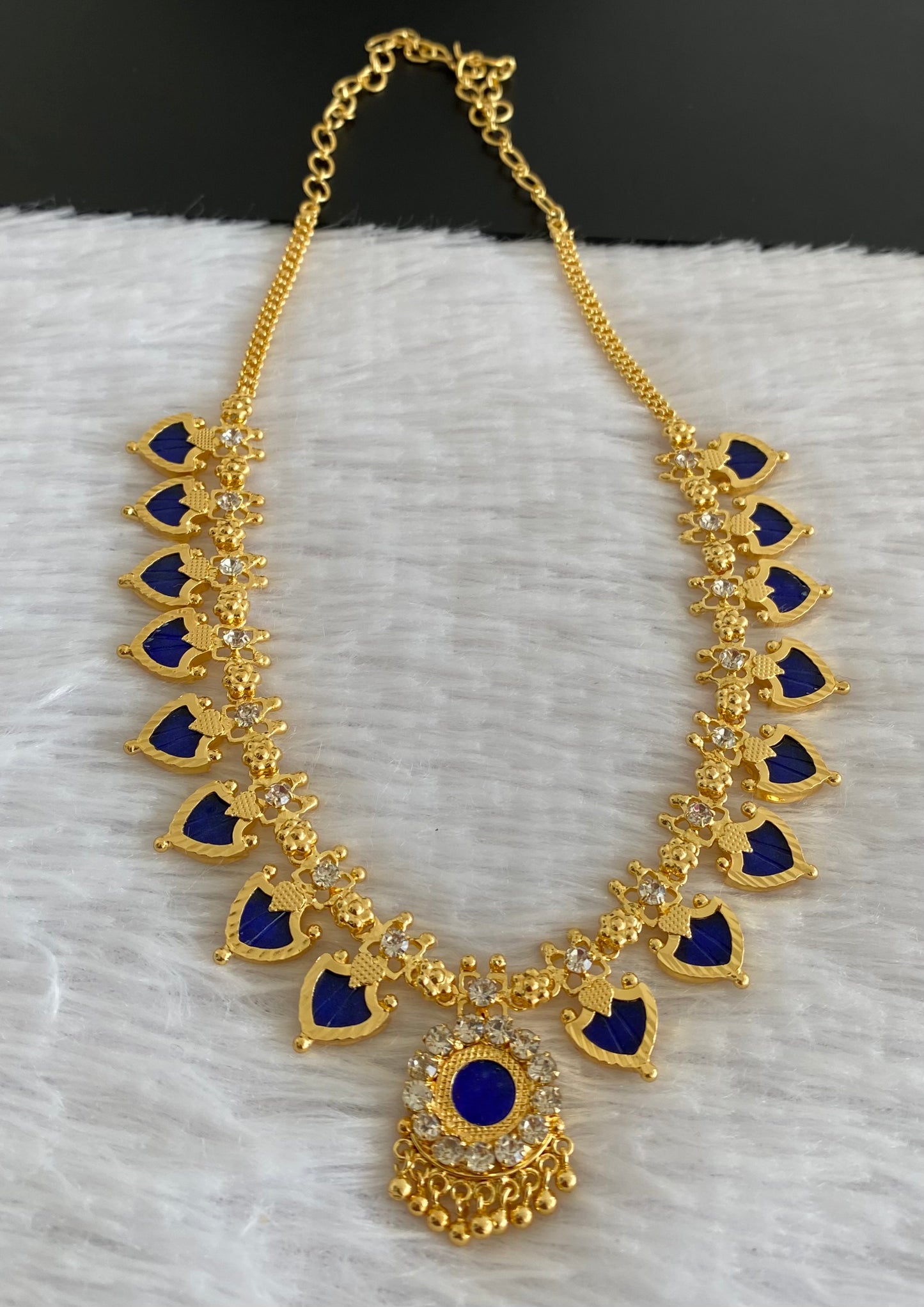 Gold tone white-blue palakka necklace dj-53063
