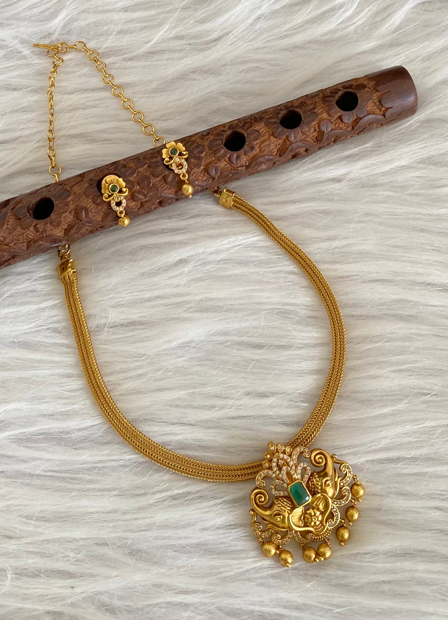 Antique gold tone green-white stone elephant necklace set dj-54267