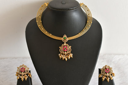 Antique gold tone pink-green kundan jadau kante necklace set dj-52418