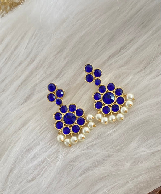 Gold tone AD dark blue stone pearl flower earrings dj-55138