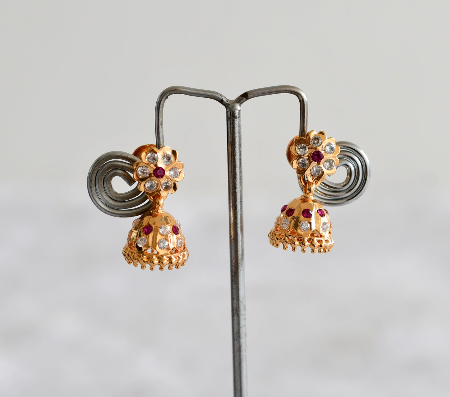 Gold tone AD pink-white flower small jhumkka dj-51892