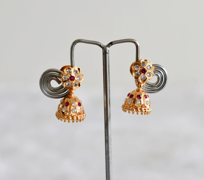 Gold tone AD pink-white flower small jhumkka dj-51892