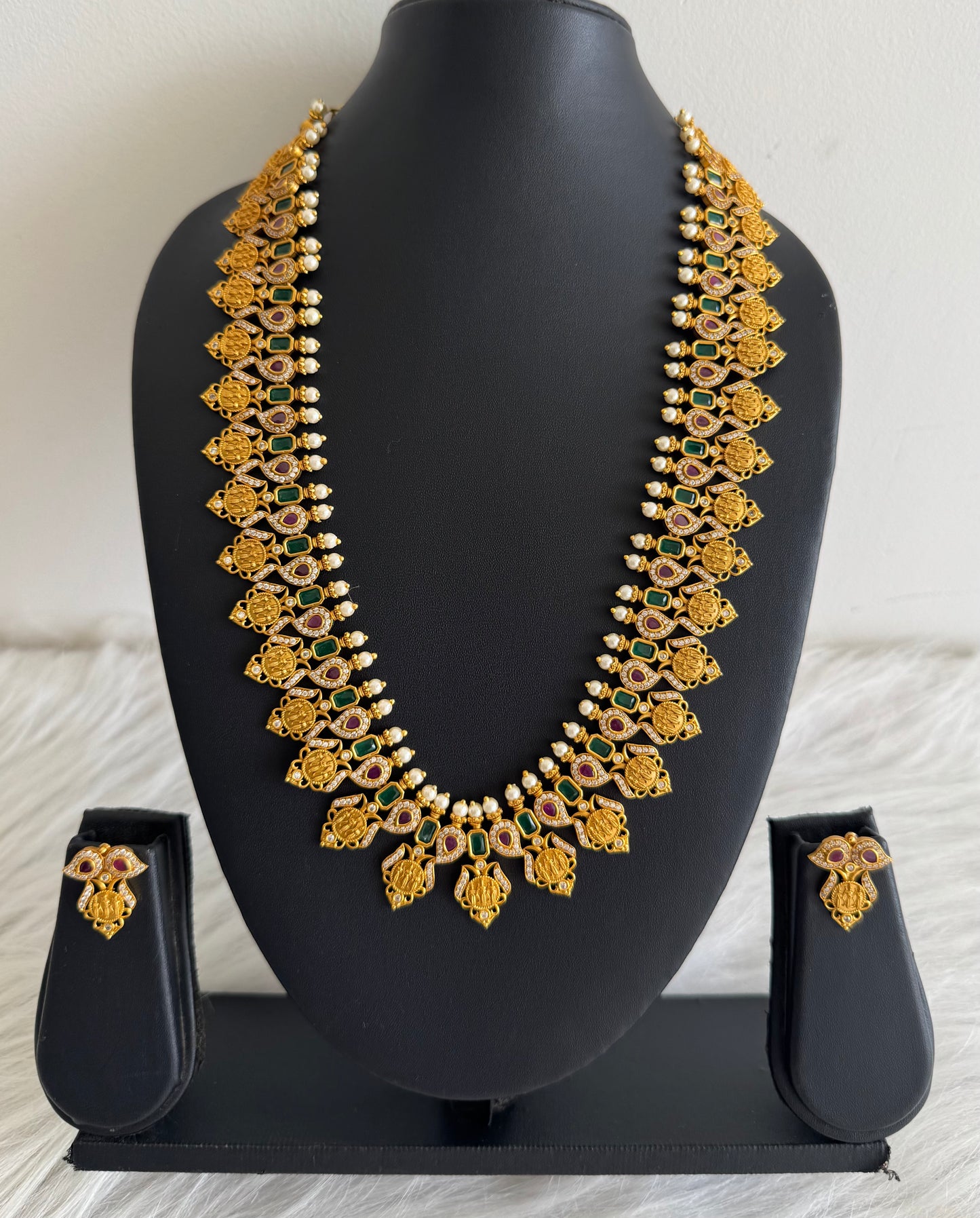 Matte Finish Cz Ruby-green Pearl Ram parivar Haar Set Dj-51327