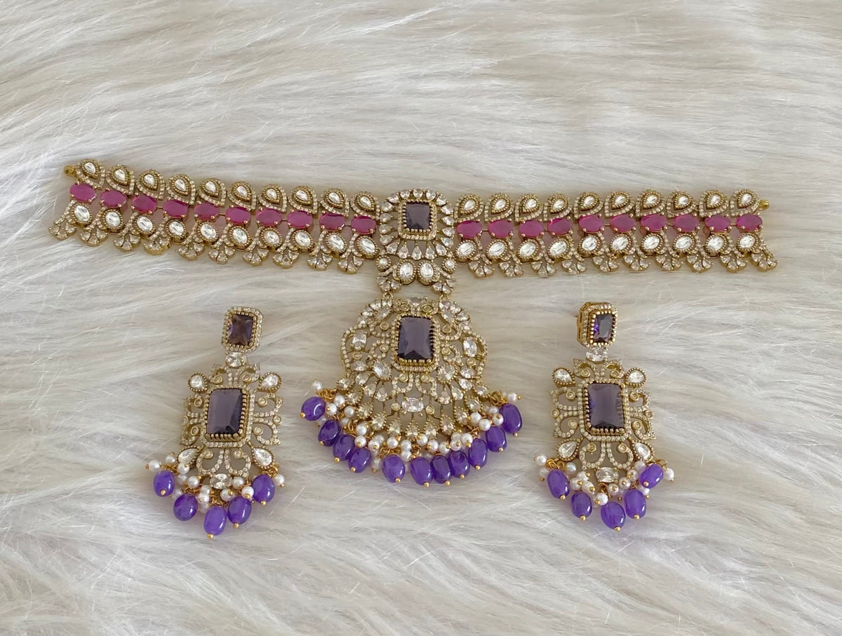 Antique gold tone ruby-white kundan purple beaded choker necklace set dj-54801