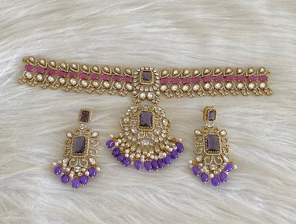Antique gold tone ruby-white kundan purple beaded choker necklace set dj-54801