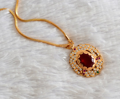 Gold tone 24 chain with red oval stone pendant dj-51912