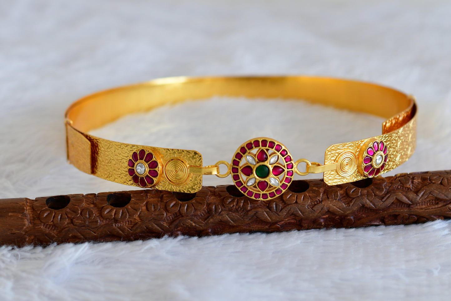 Gold tone pink-green-white kundan jadau flower waist band dj-50859