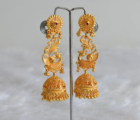 Gold Tone Kerala style pink peacock long jhumkka dj-51797