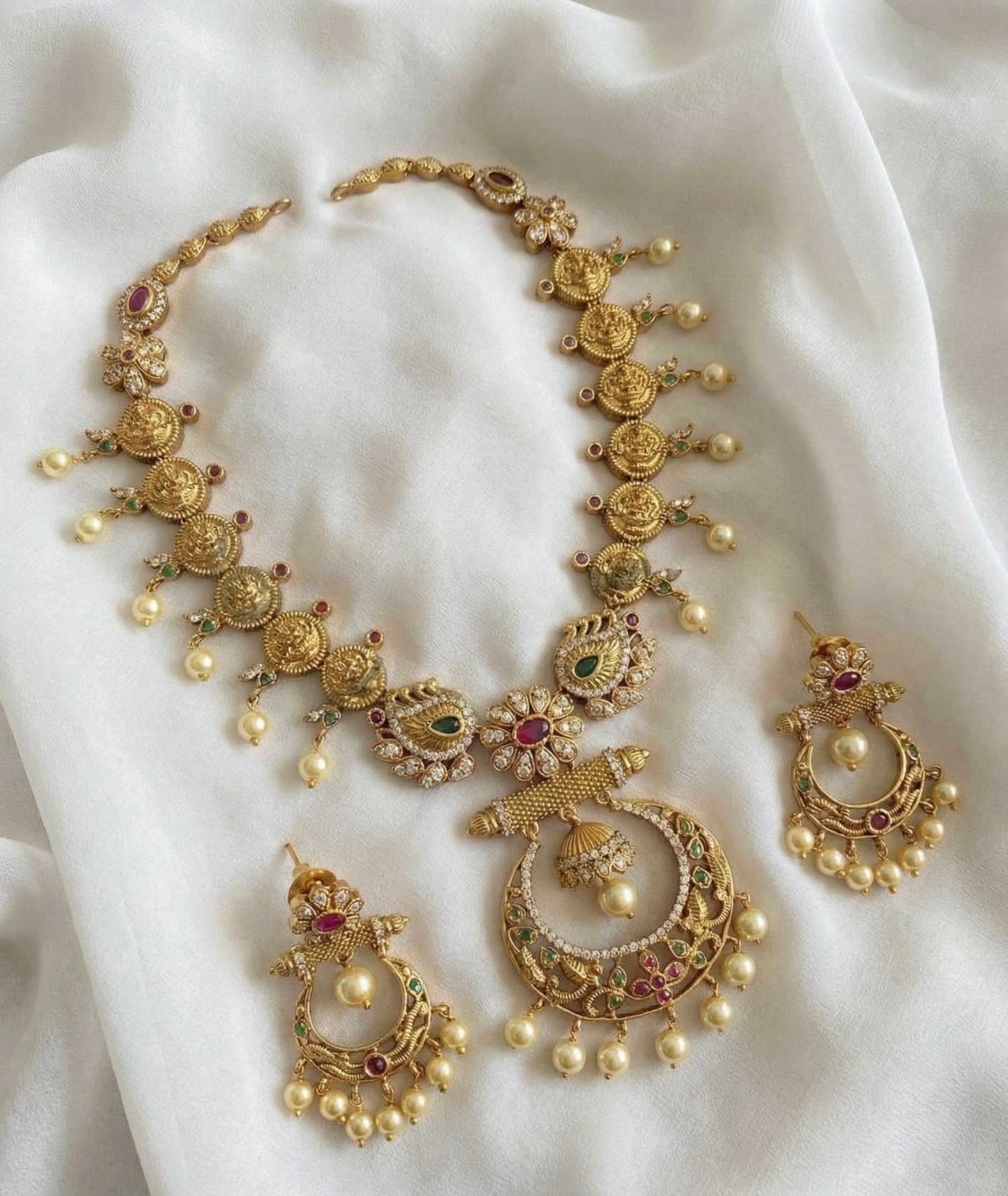 Matt Finish cz ruby-green pearl lakshmi coin necklace set DJ30807