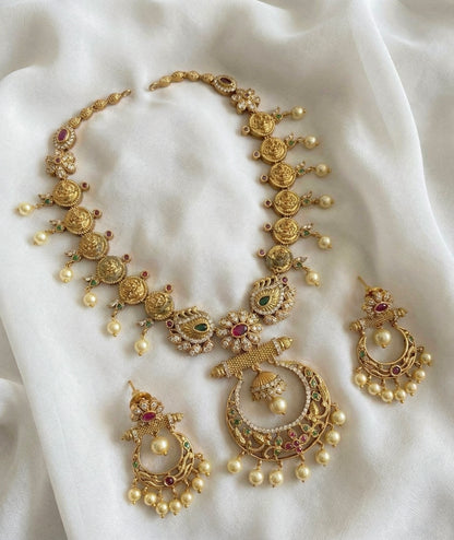 Matt Finish cz ruby-green pearl lakshmi coin necklace set DJ30807