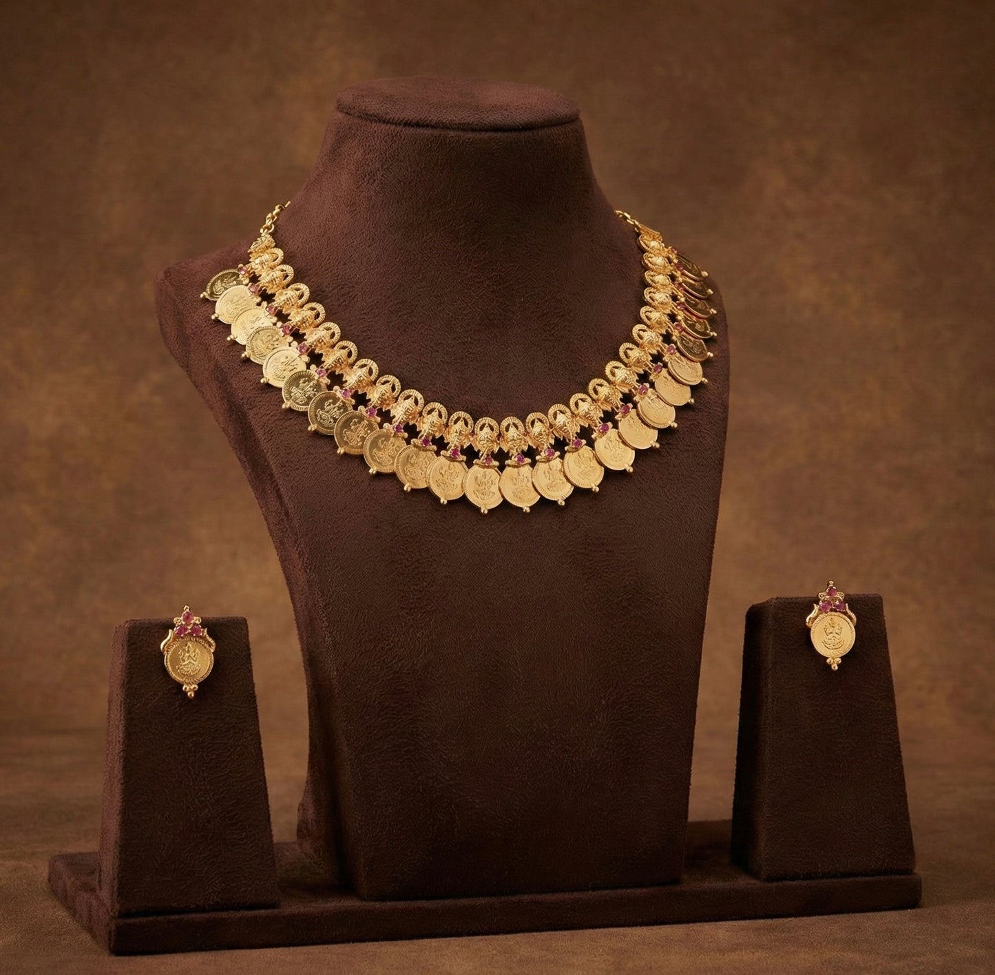 Gold tone kerala style ruby ganesha lakshmi coin necklace set dj-52689