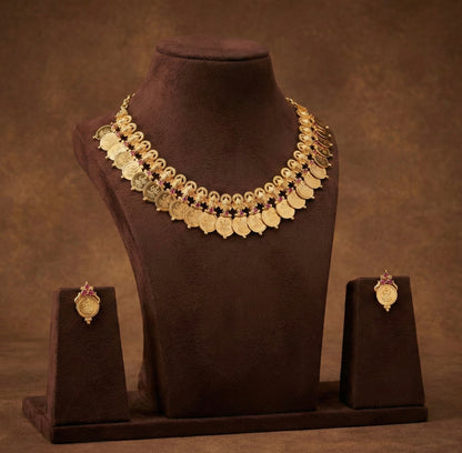 Gold tone kerala style ruby ganesha lakshmi coin necklace set dj-52689