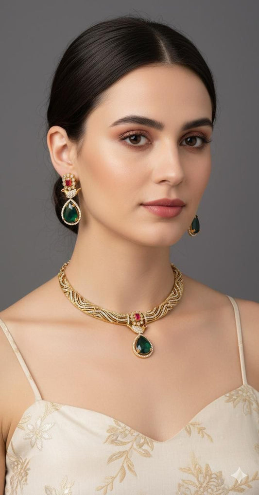 Antique gold tone cz pink-green-white bird necklace set dj-52125