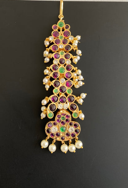 Gold tone precious kemp-white-green pearl Shri Naagar tikka dj-53368