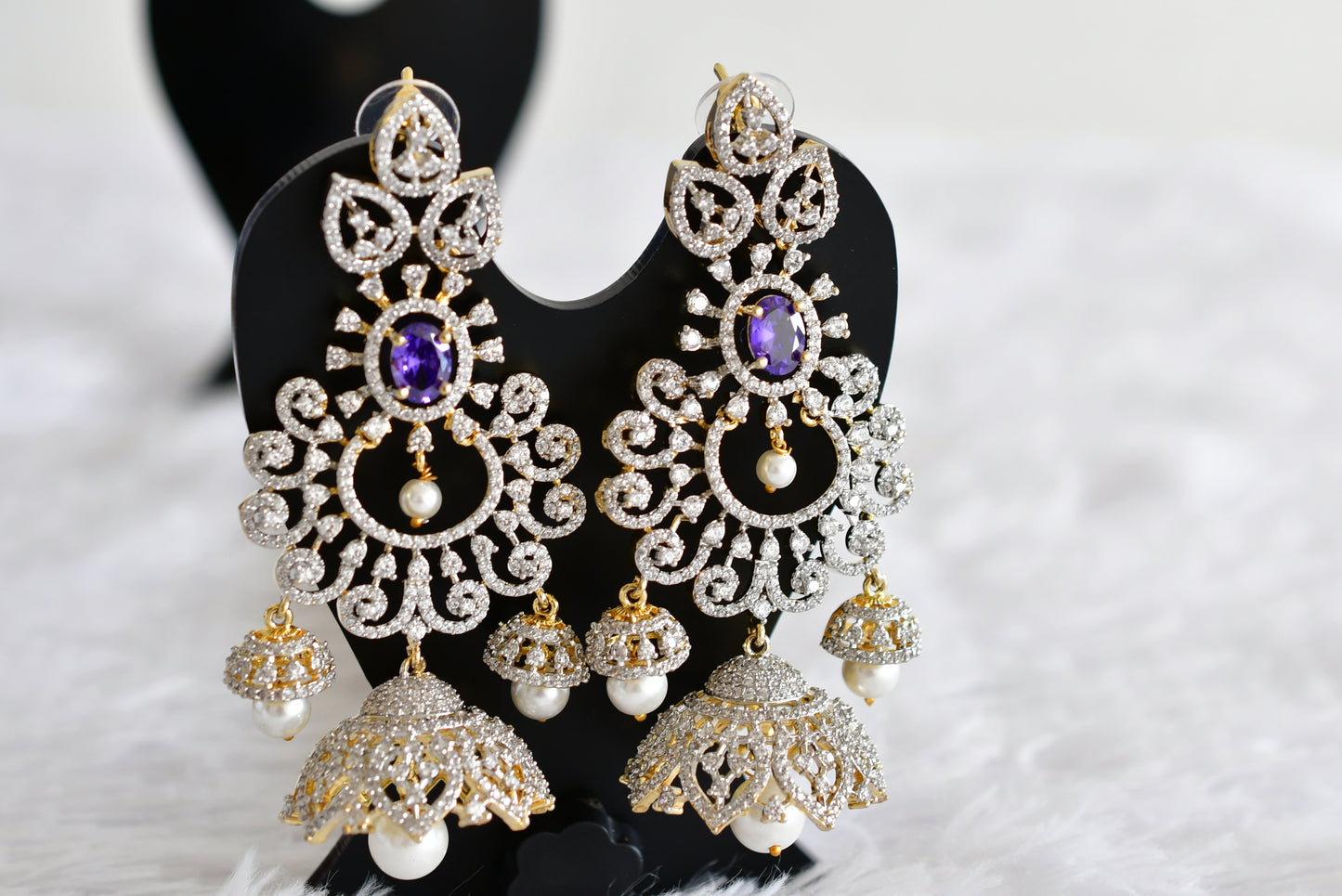 Two tone cz purple pearl long bali jhumkka dj-51884