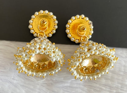 Gold tone precious white stone pearl big jhumkka dj-53222