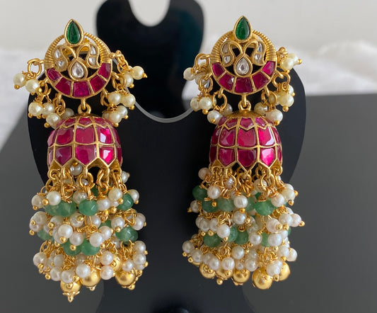Gold tone pink-white-green stone beaded kundan jadau long jhumkka dj-53588