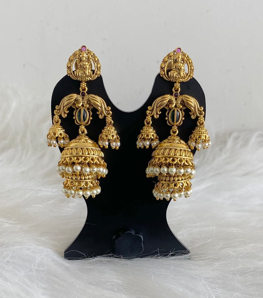 Antique gold tone kemp-green pearl peacock lakshmi step jhumkka dj-54566