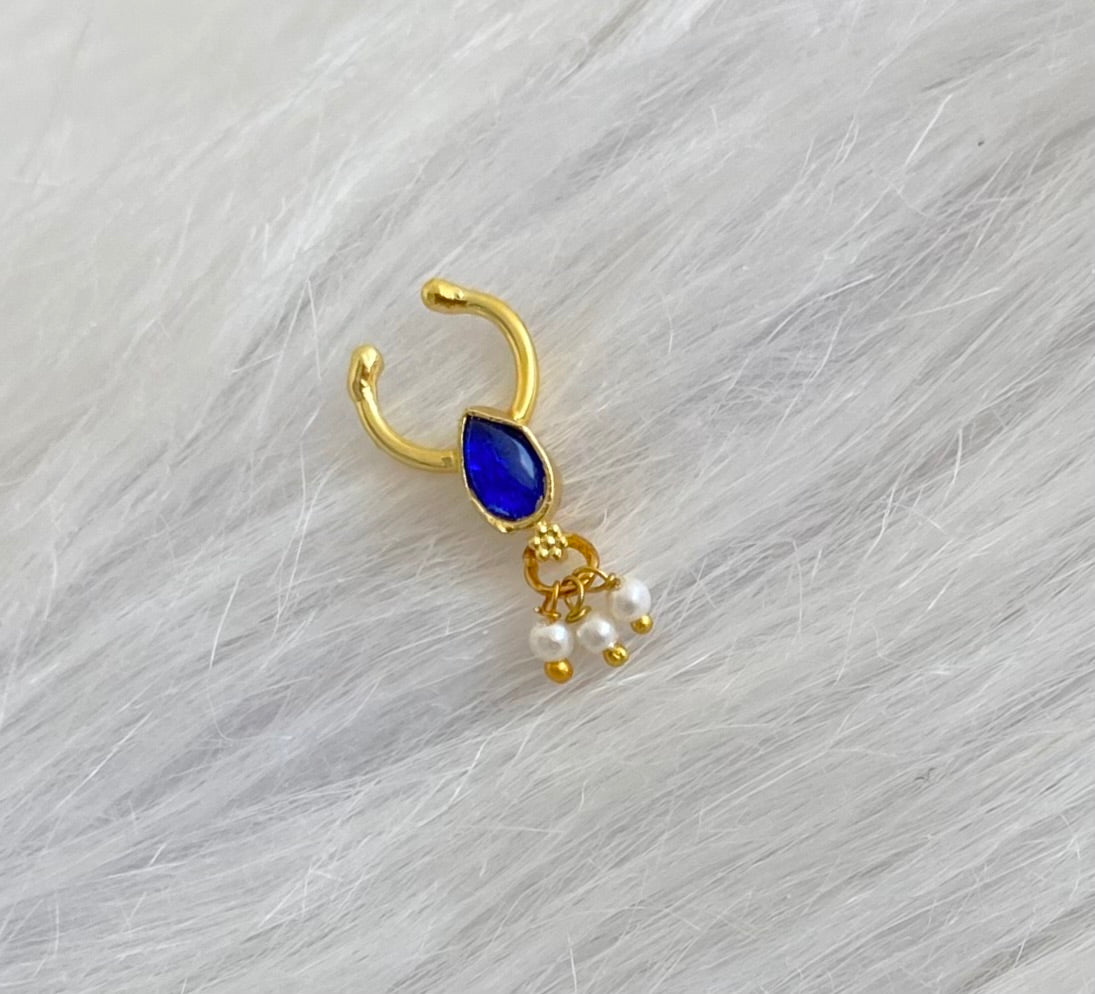 Gold tone blue stone pearl nose pin/bulakku dj-53809