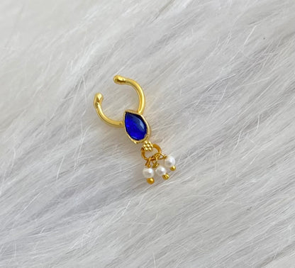 Gold tone blue stone pearl nose pin/bulakku dj-53809