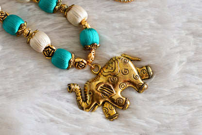 Antique gold tone green-white silk thread Elephant pendant necklace set dj-51946