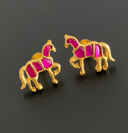 Gold tone pink kundan jadau horse earrings dj-53539