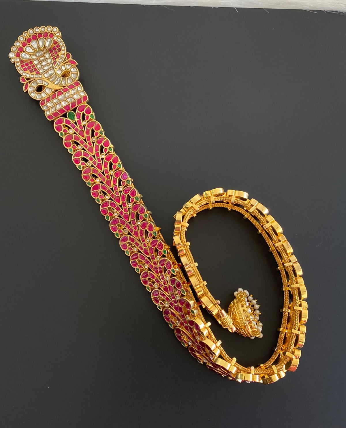 Gold tone long pink-green-white kundan jadau jadai naagam/hair jewel dj-55055