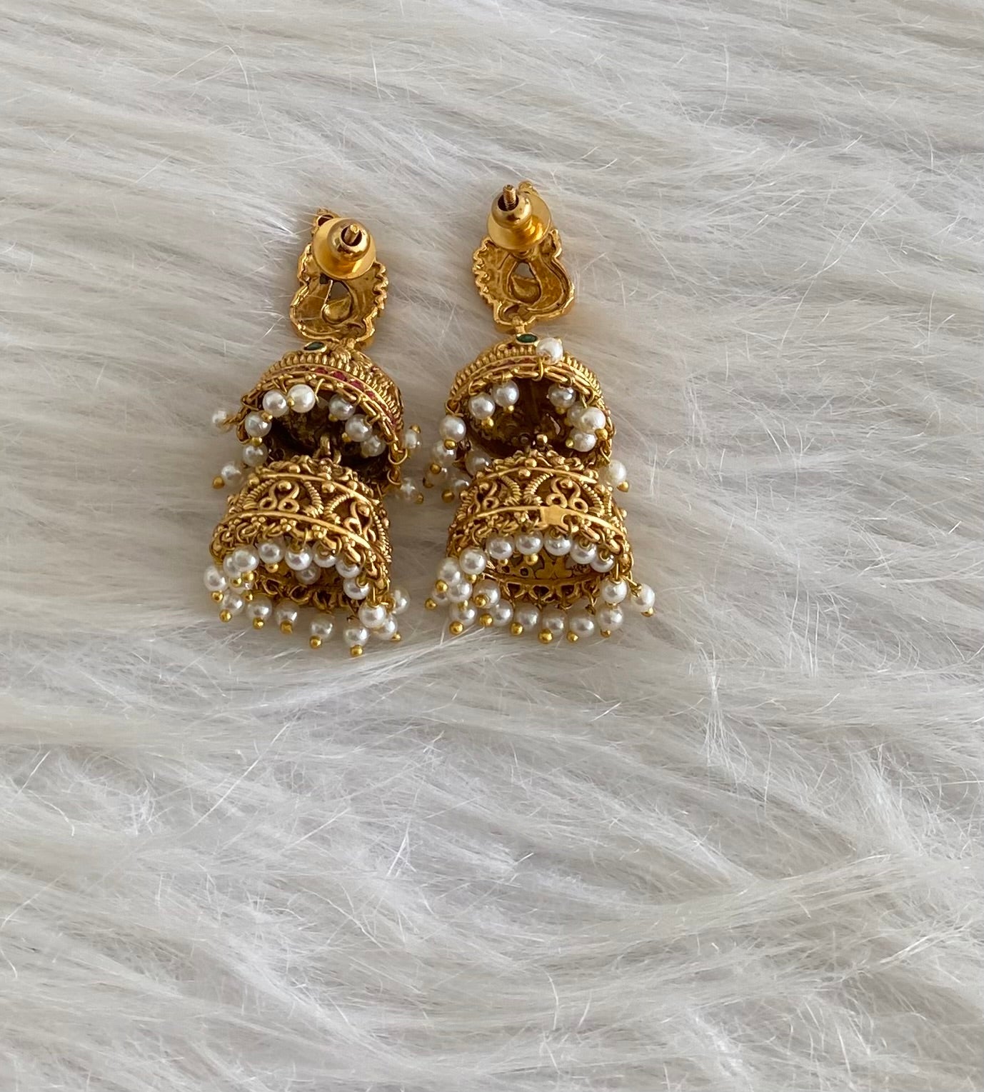 Antique gold tone kemp-green pearl peacock step jhumkka dj-54565
