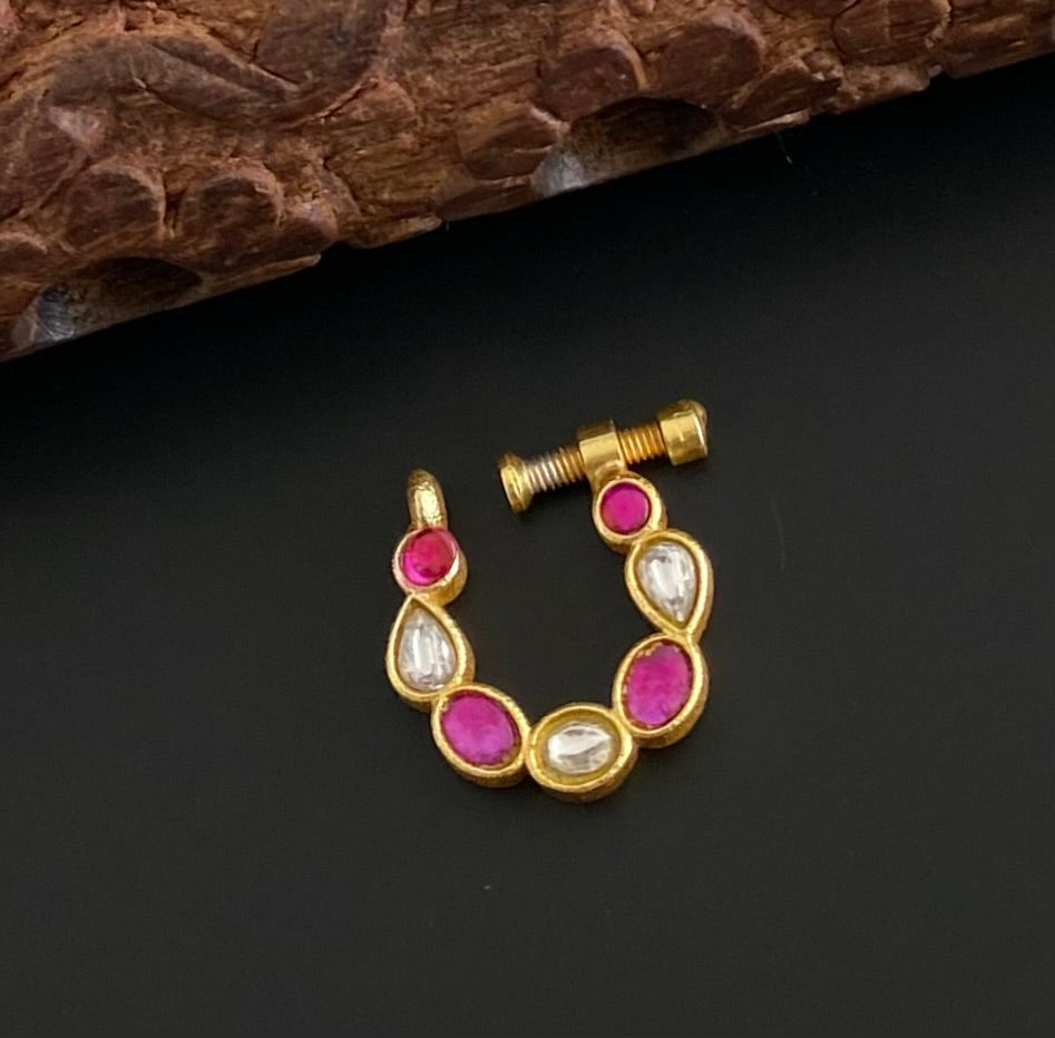 Gold tone kundan jadau pink-white stone nose pin dj-53729