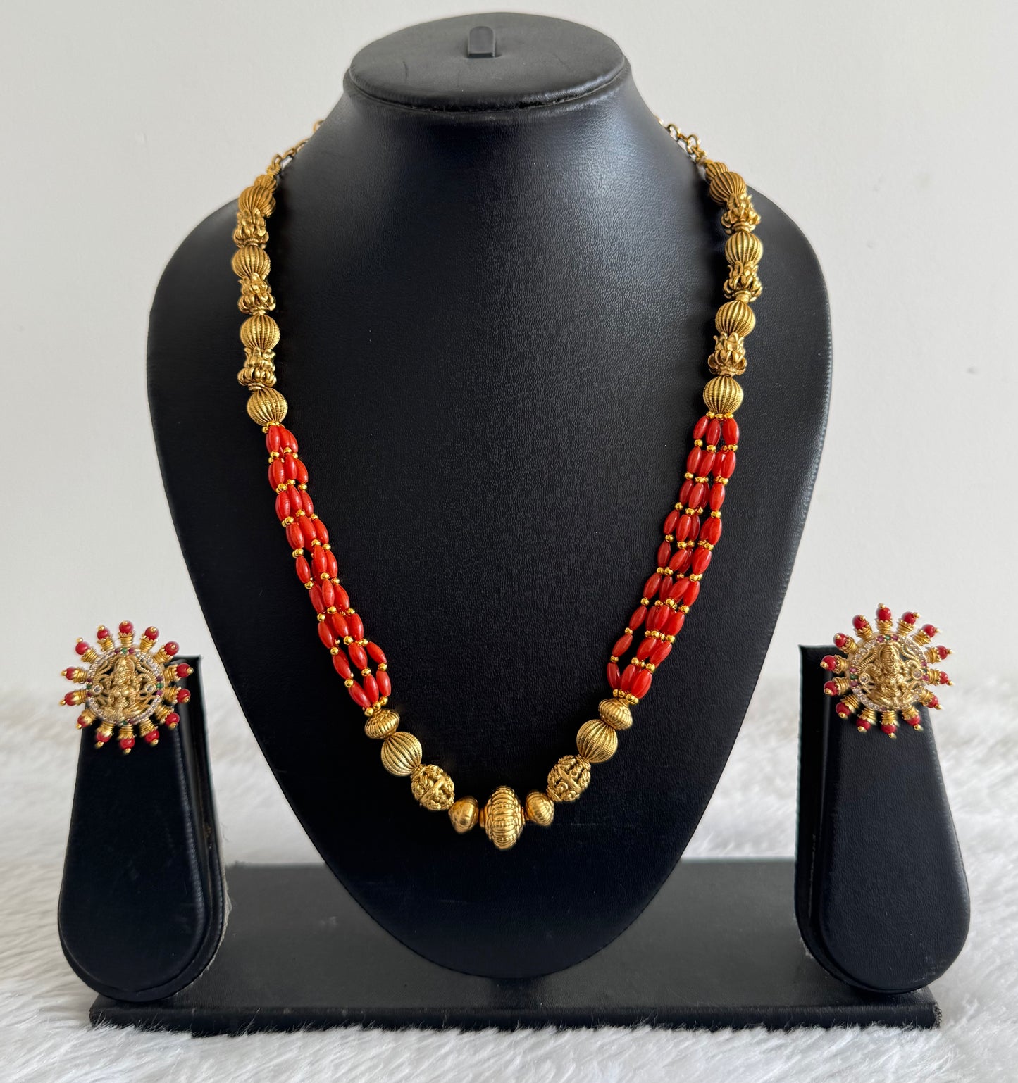 Matte finish coral beaded lakshmi necklace set dj-52083