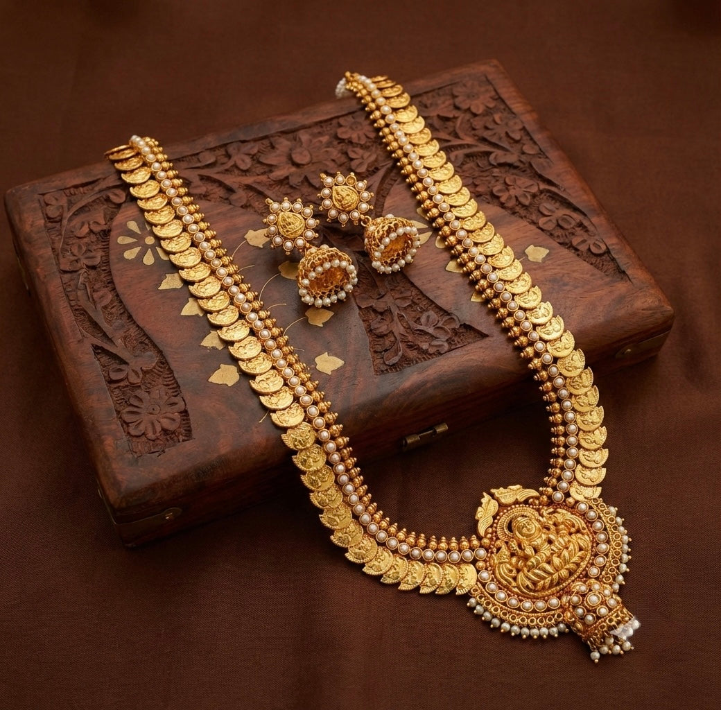 Antique gold tone pearl lakshmi coin haar set dj-07049