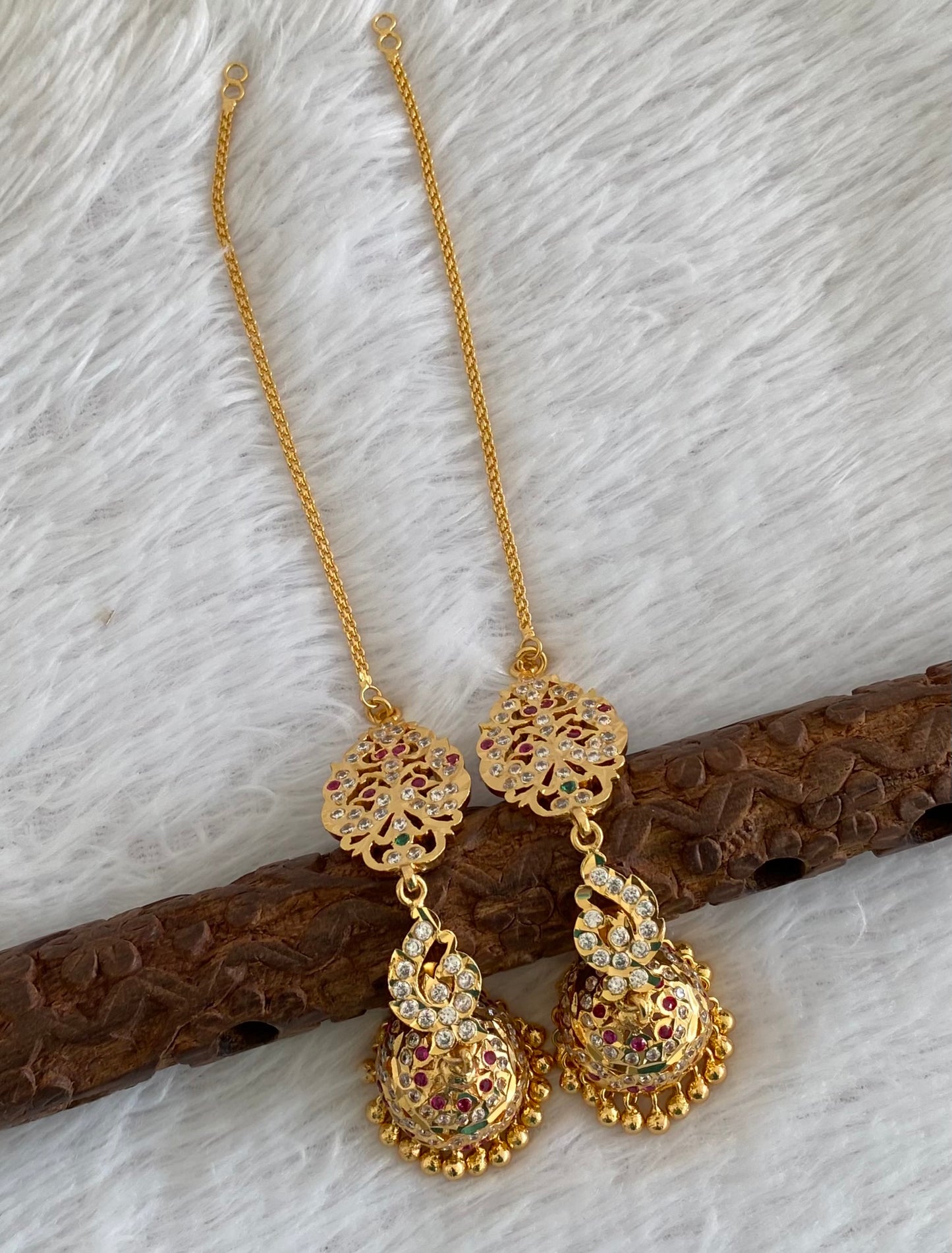 Gold tone AD pink-green south Indian peacock jhumkka with ear side chain dj-53591